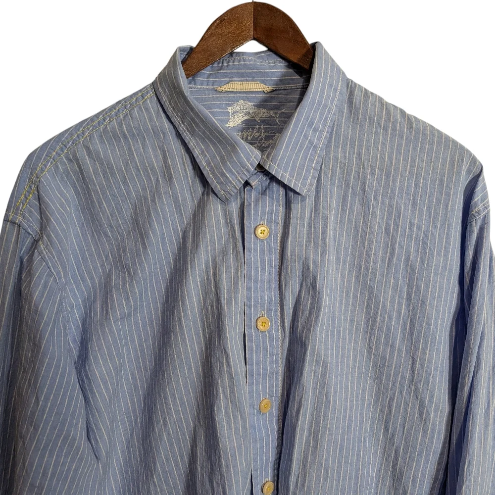 Tommy Bahama Shirt Mens XL Blue White Pinstripe Long Sleeve 100% Cotton - Picture 5 of 8